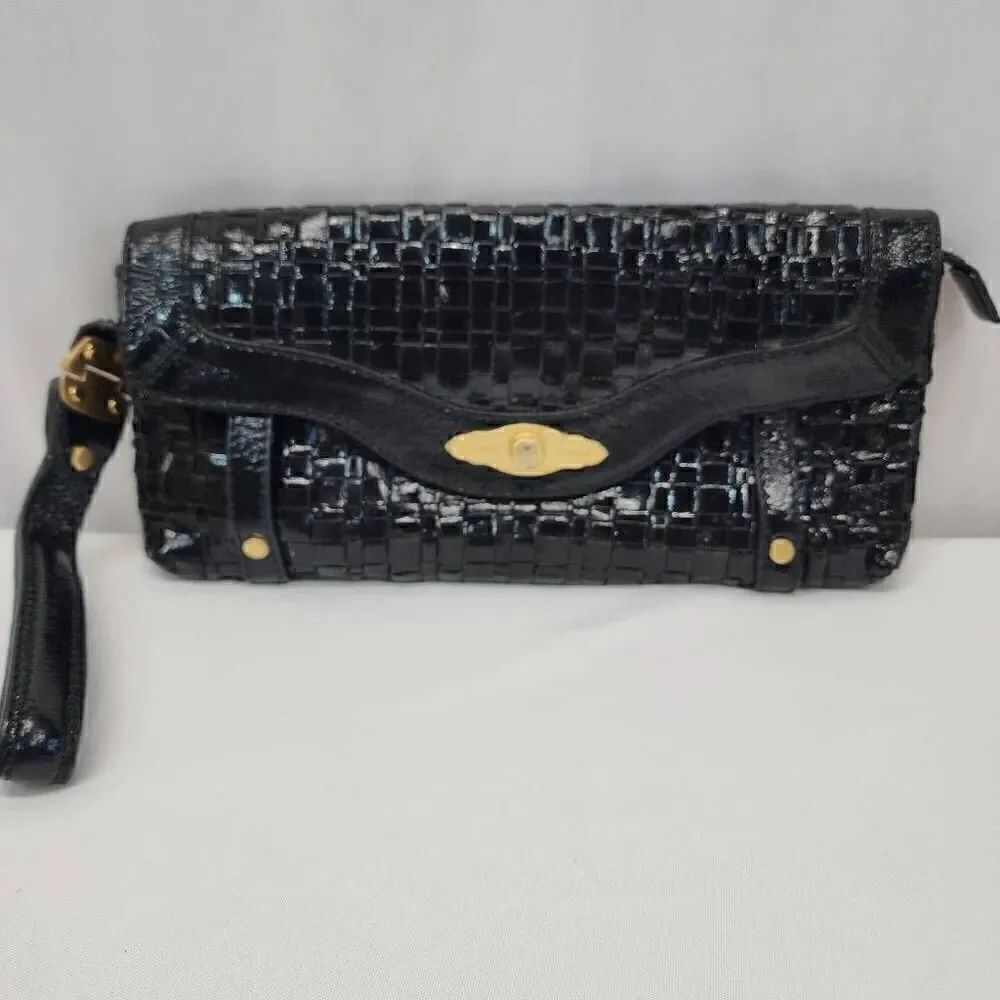 Elliott Lucca Black Woven Leather Clutch With Wrist Strap Women's Bag
